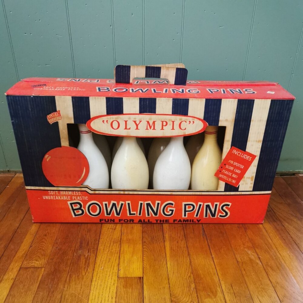 Vintage Irwin Olympic  Bowling Pins Game 13.5 inch 10 Pins & 1‎ Bowling Ball